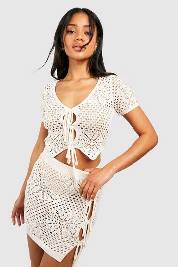 Floral Knit Lace Up Cardigan And Mini Skirt Set ivory