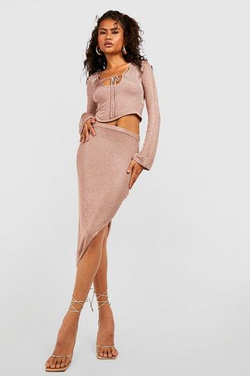 Stone Beige Metallic Knitted Lace Up Corset Top And Asymmetric Skirt Set