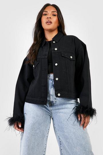 Plus Feather Cuff Oversized Denim Jacket black