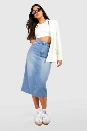 Tall High Waist Midi Denim Skirt mid wash