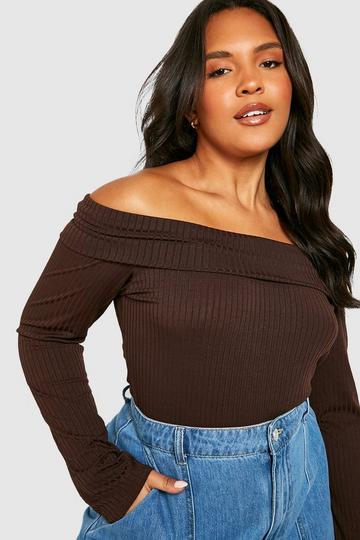 Plus Soft Knitted Rib Off The Shoulder Top chocolate