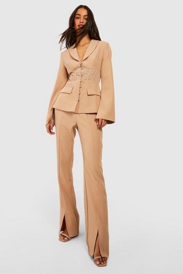 Slim Fit Split Front Tailored Trousers camel