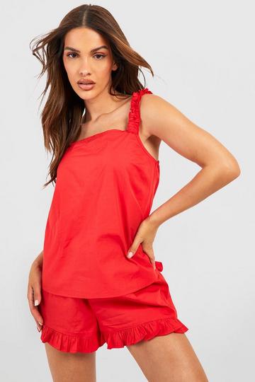 Red Cotton Ruched Cami & Short Pj Set