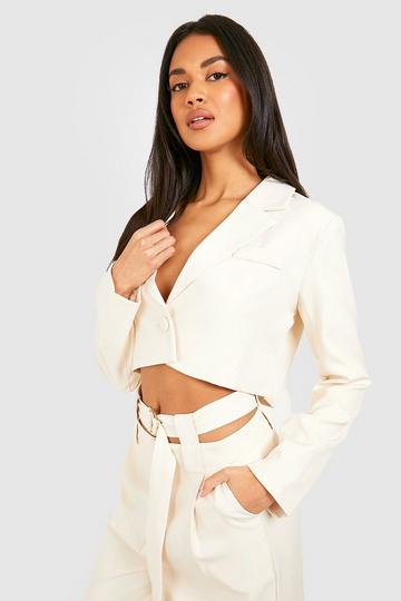 Ecru White Cropped Relaxed Fit Tailored Blazer