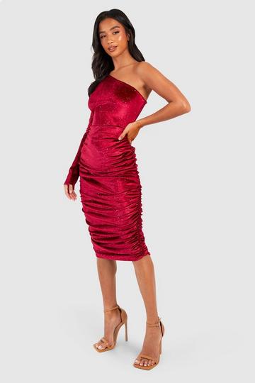 Petite One Shoulder Glitter Velvet Midi Dress berry