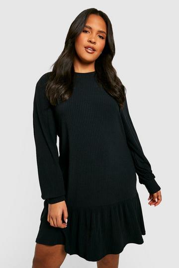 Plus Soft Rib Ruffle Hem Smock Dress black