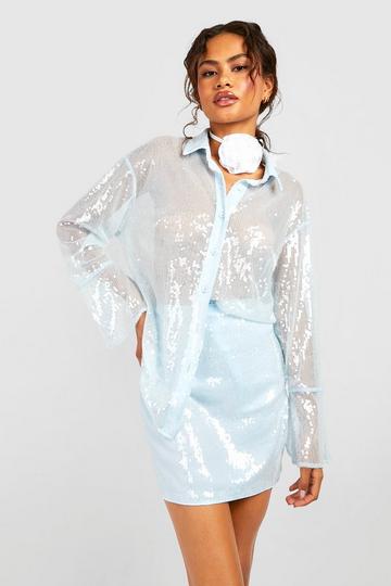 Blue Pastel Sequin Sheer Deep Cuff Shirt