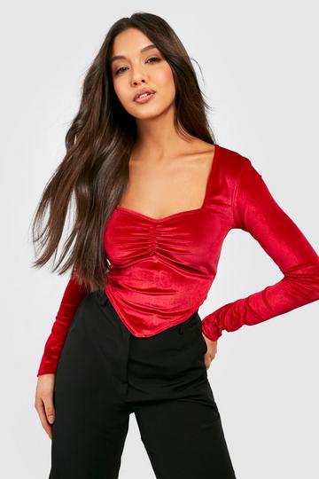 Long Sleeve Velvet Corset Top red