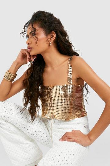 Gold Metallic Chainmail Square Neck Cropped Top