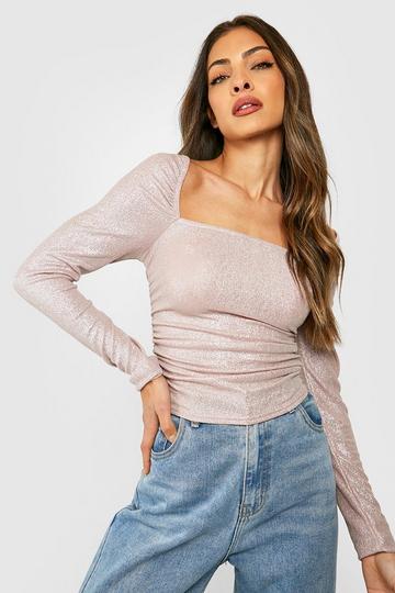 Gold Metallic Foil Effect Puff Sleeve Ruched Top