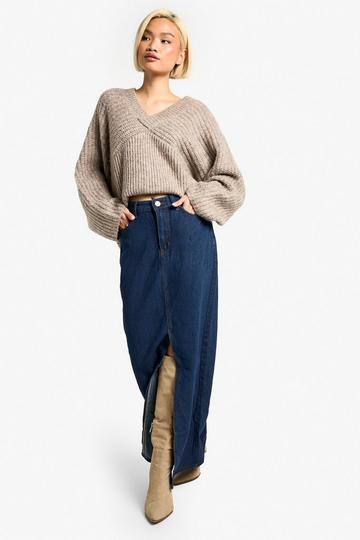Dark Wash Split Front Denim Maxi Skirt dark wash