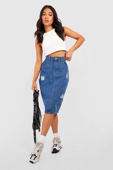 Petite Denim Mid Wash Midi Skirt mid blue