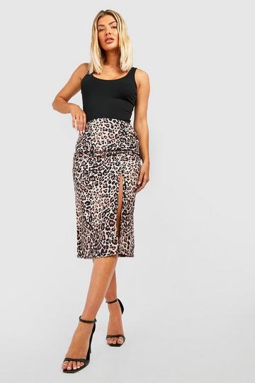 Woven Leopard Print High Split Midi Skirt stone