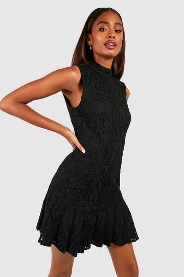 Premium Crochet Lace Frill Hem Mini Dress black