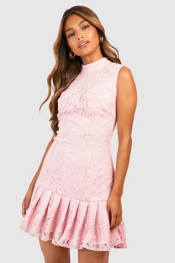 Pink Premium Crochet Lace Frill Hem Mini Dress