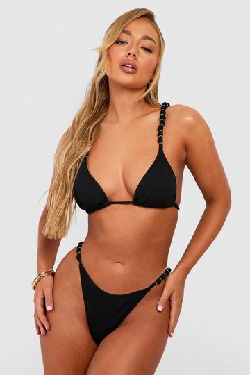 Beaded Straps Crinkle Padded Bikini Set black