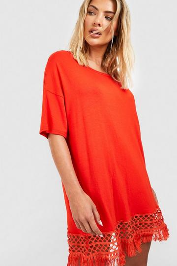 Crochet Tassel Hem Beach Dress red orange