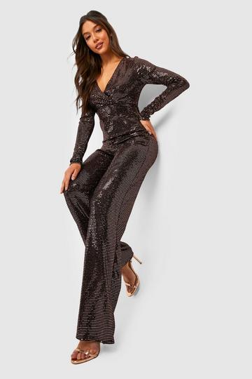 Gold Metallic Sequin Long Sleeve Wide Leg Jumpsuit