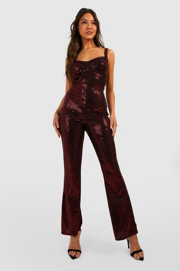 Sequin Strappy Flare Leg Jumpsuit red