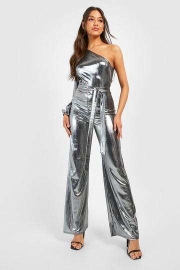 Textured Foil One Shoulder Wide Leg Jumpsuit black