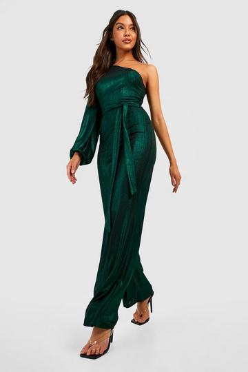 Emerald Green Textured Foil One Shoulder Wide Leg Jumpsuit