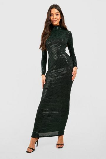 Sequin High Neck Long Sleeve Maxi Dress emerald