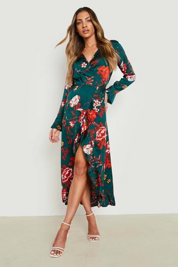 Green Satin Floral Ruffle Wrap Midi Dress