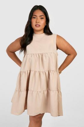 Stone Woven Ruffled Tiered Smock Dress