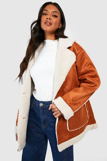 Brown Borg Trim Faux Suede Jacket