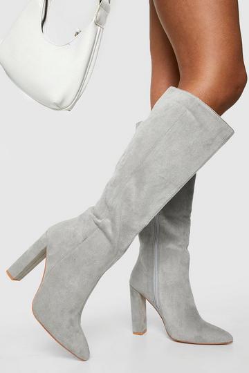 Wide Fit Pointed Knee High Heeled Boots light grey