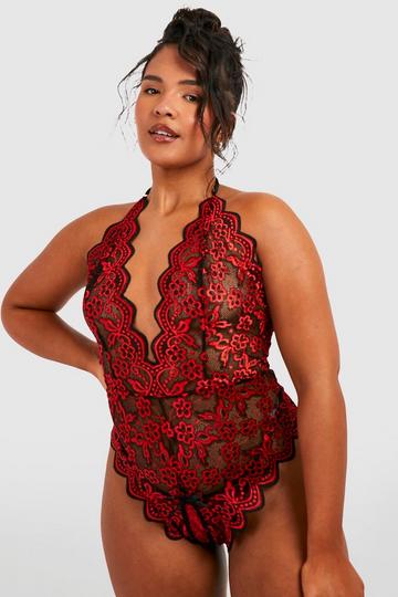Plus Two Tone Lace Crotchless Bodysuit red