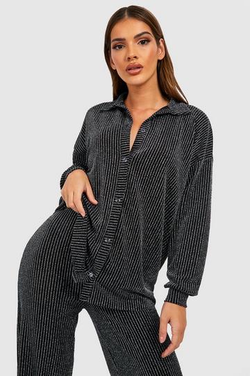 Silver Metallic Plisse Oversized Relaxed Fit Shirt