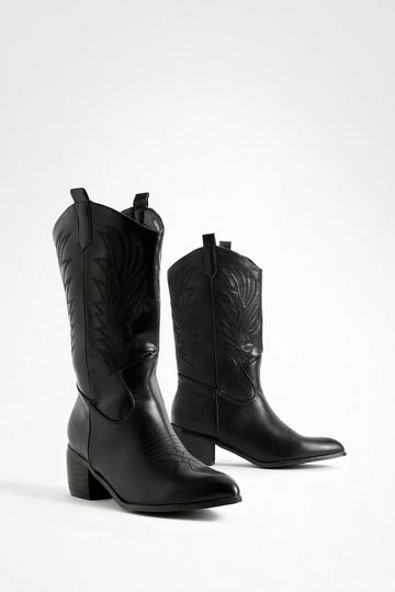 Black Wide Width Tab Detail Ankle Cowboy Boots