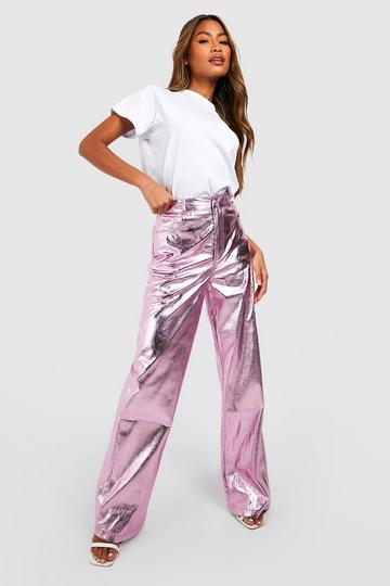 Pantalon taille haute en simili métallisé pink