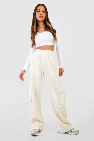 Waffle Textured Wide Leg Cargo Joggers ecru