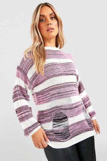 Plus Oversized Marl Laddered Stripe Jumper pink