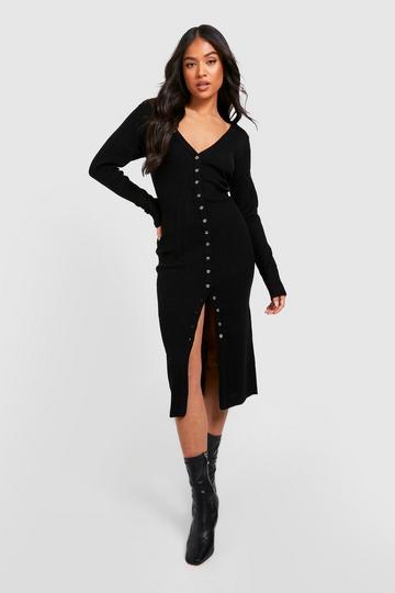 Petite Knitted Rib Button Midaxi Dress black