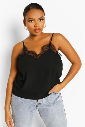 Women's Black Lace Trim Side Split Cami Top