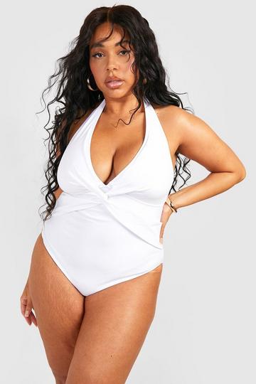 Plus Twist Front Tummy Control Swimsuit white