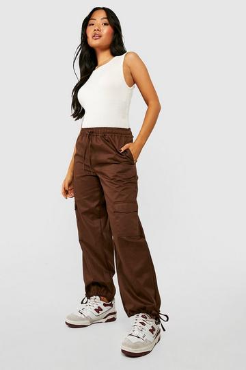 Chocolate Brown Petite Woven Drawstring Waist Pocket Cargo Jogger