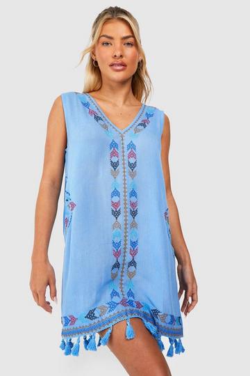 Cheesecloth Embroidered Tassel Beach Mini Dress light blue