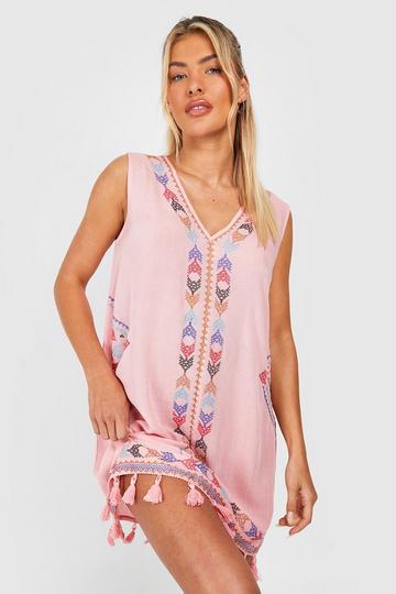 Cheesecloth Embroidered Tassel Beach Mini Dress light pink