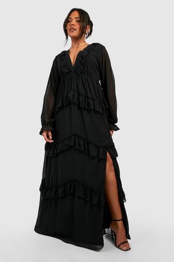 Black Plus Frill Plunge Ruffle Maxi Dress