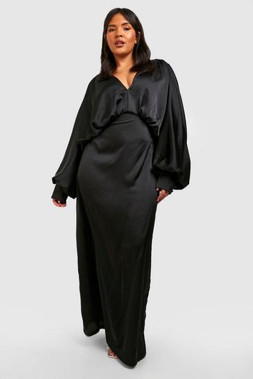 Plus Satin Plunge Blouson Sleeve Maxi Dress black