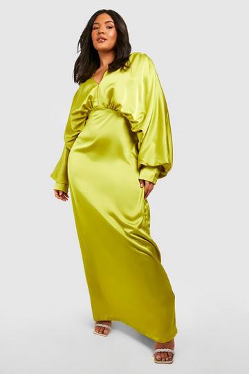 Olive Green Plus Satin Plunge Blouson Sleeve Maxi Dress