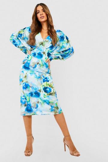 Floral Chiffon Blouson Sleeve Midi Dress blue