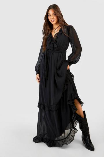 Chiffon Boho Ruffle Detail Maxi Dress black