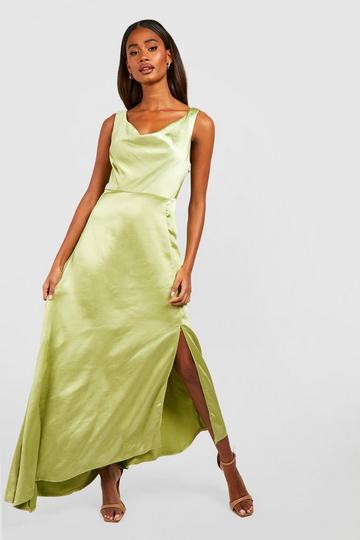 Sage Green Satin Ruched Cup Strappy Midi Dress