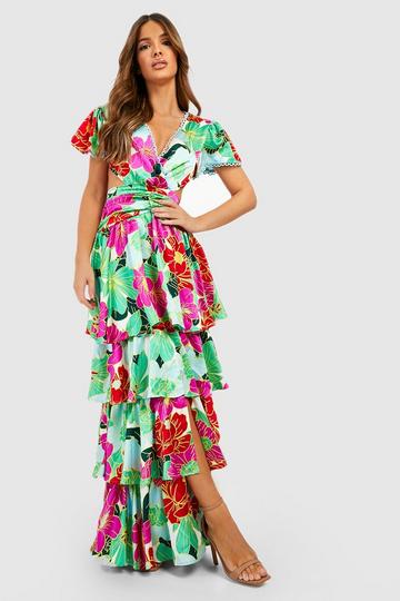Green Printed Ruffle Tiered Cut Out Maxi Dress