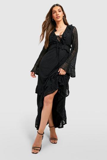 Lace Shirred Ruffle Maxi Dress black